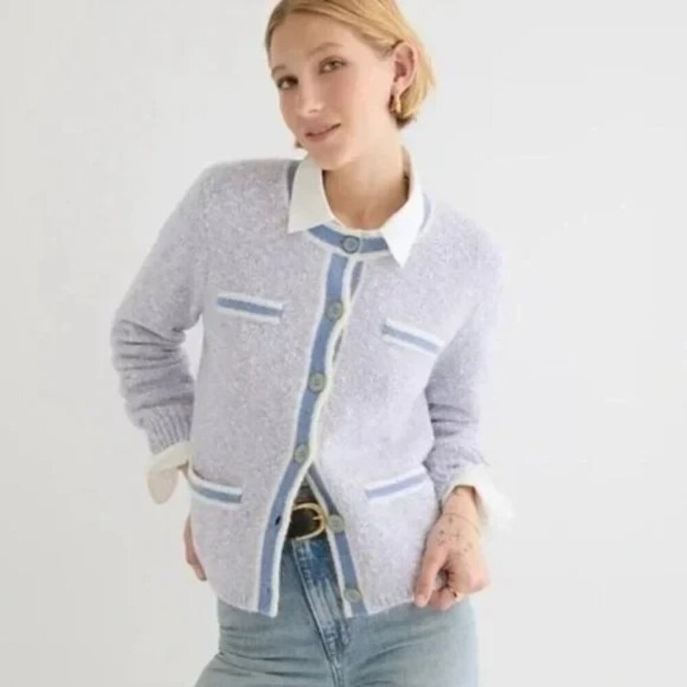 J. Crew Women's Marled Merino knit crop Sweater Lady Jacket Blue preppy M - Picture 1 of 9